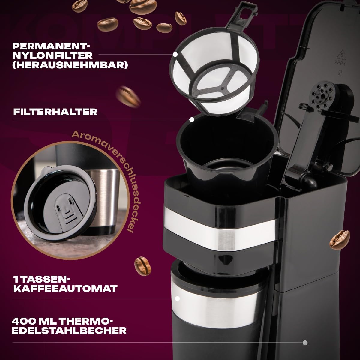 Clatronic Kaffeemaschine | Kaffee To Go Becher 400 ml | für alle gängigen Getränkehalter (z.B. Auto) | Filterkaffeemaschine | Permanent-Nylon-Filter | Edelstahlbecher mit Aromadeckel | KA 3733