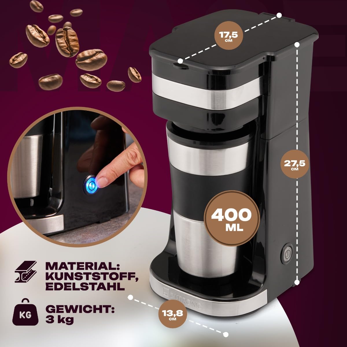 Clatronic Kaffeemaschine | Kaffee To Go Becher 400 ml | für alle gängigen Getränkehalter (z.B. Auto) | Filterkaffeemaschine | Permanent-Nylon-Filter | Edelstahlbecher mit Aromadeckel | KA 3733