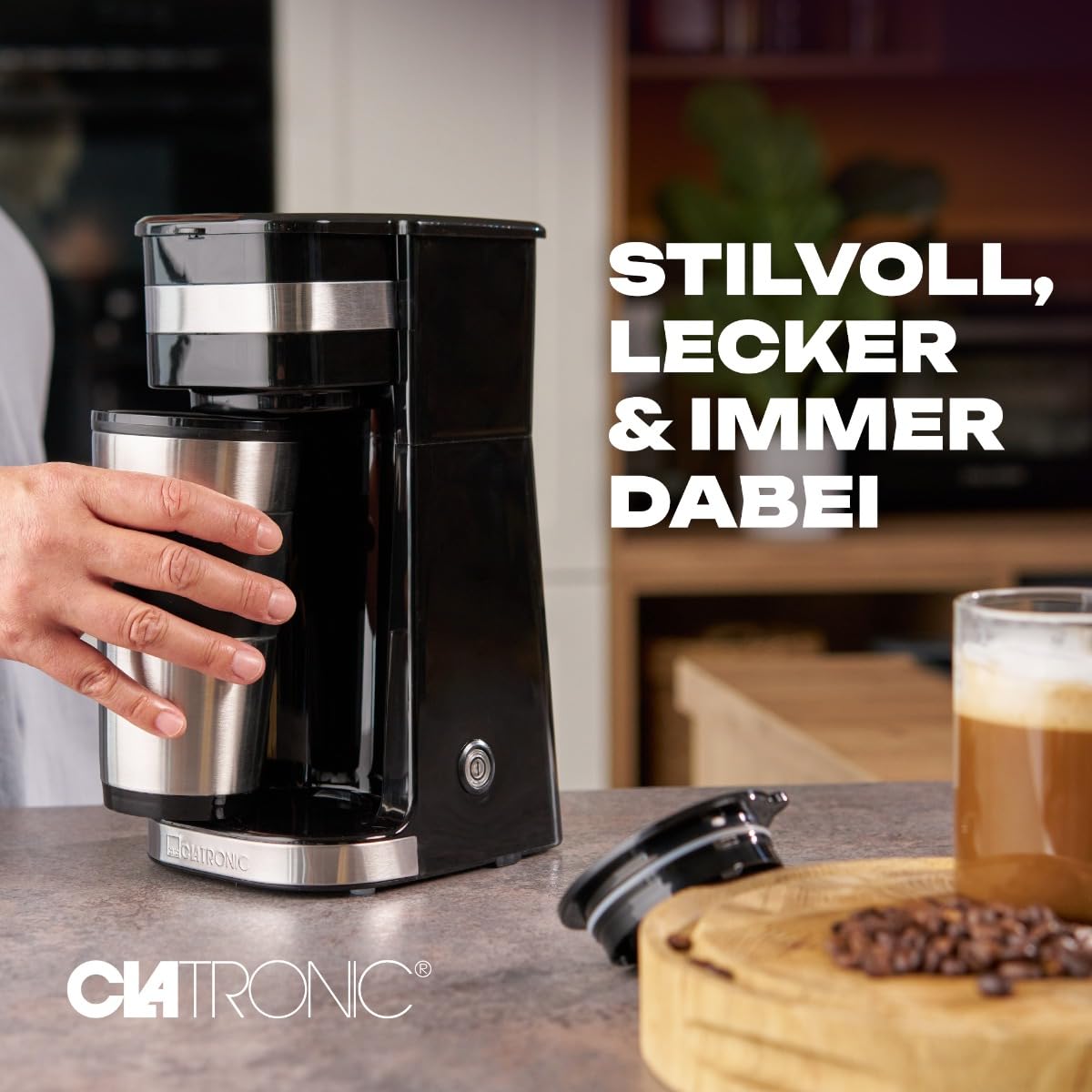 Clatronic Kaffeemaschine | Kaffee To Go Becher 400 ml | für alle gängigen Getränkehalter (z.B. Auto) | Filterkaffeemaschine | Permanent-Nylon-Filter | Edelstahlbecher mit Aromadeckel | KA 3733