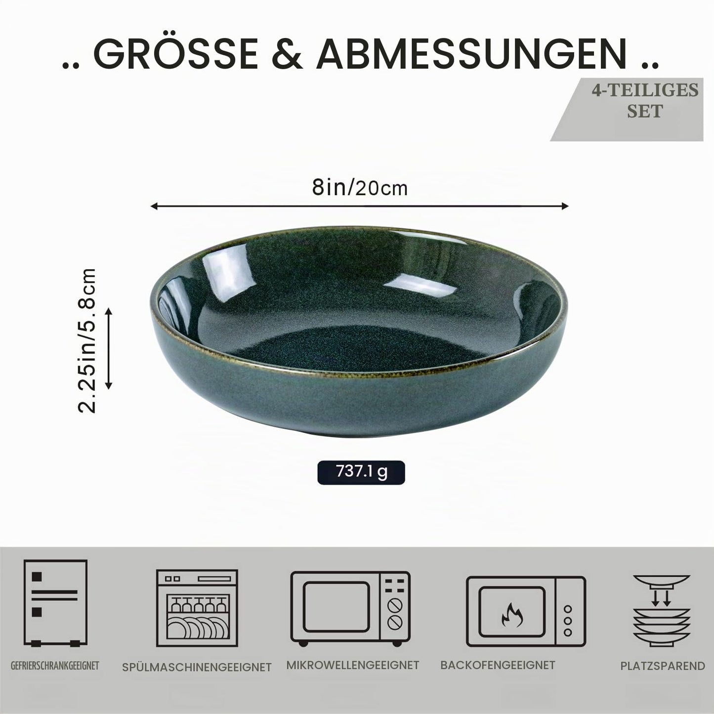 UNICASA Salatschüssel aus Porzellan, 20com 4er-set Salatschalen, Porzellan Müslischale Dessertschalen Obstschalen für 4 Personen, Grün