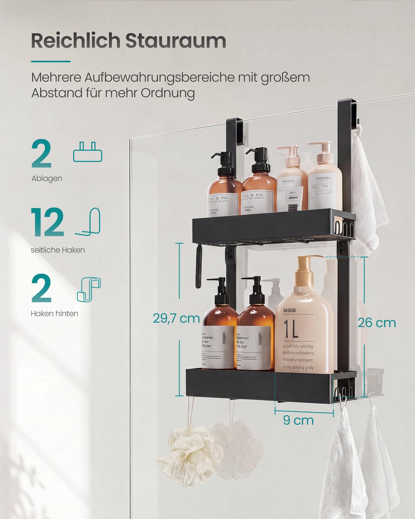 SONGMICS Duschablage ohne Bohren, 2 Ebenen Duschregal zum Hängen, Schwarz