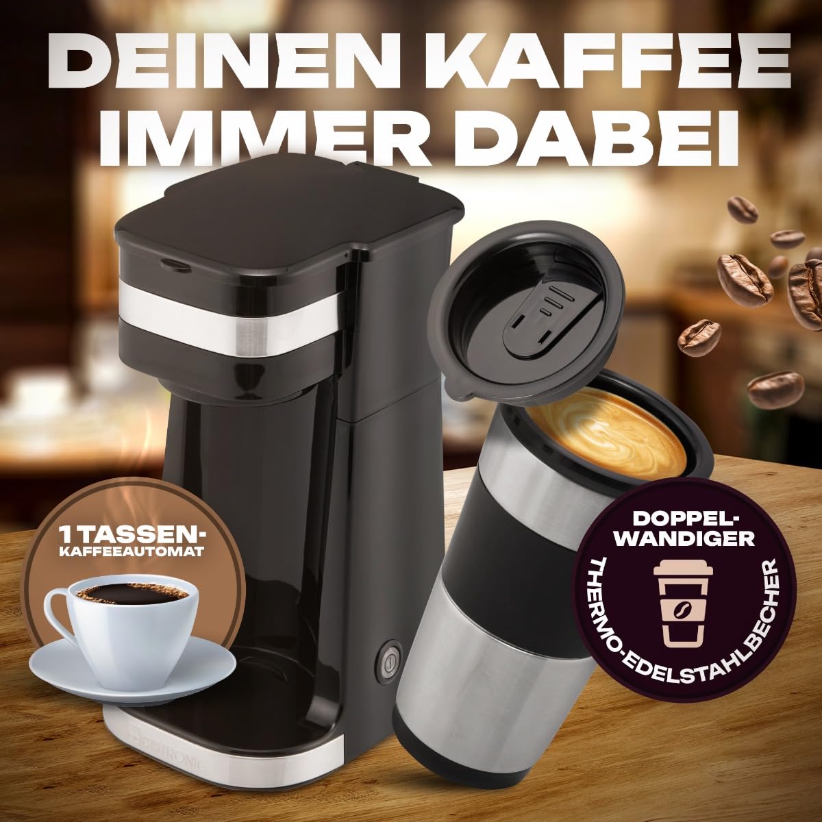 Clatronic Kaffeemaschine | Kaffee To Go Becher 400 ml | für alle gängigen Getränkehalter (z.B. Auto) | Filterkaffeemaschine | Permanent-Nylon-Filter | Edelstahlbecher mit Aromadeckel | KA 3733