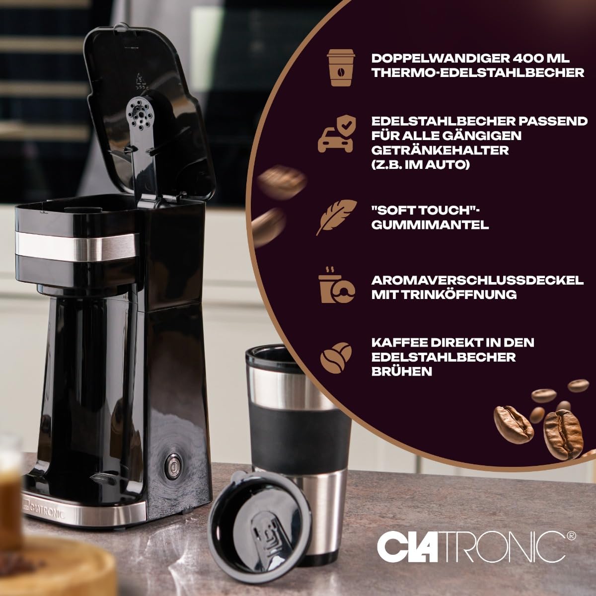 Clatronic Kaffeemaschine | Kaffee To Go Becher 400 ml | für alle gängigen Getränkehalter (z.B. Auto) | Filterkaffeemaschine | Permanent-Nylon-Filter | Edelstahlbecher mit Aromadeckel | KA 3733