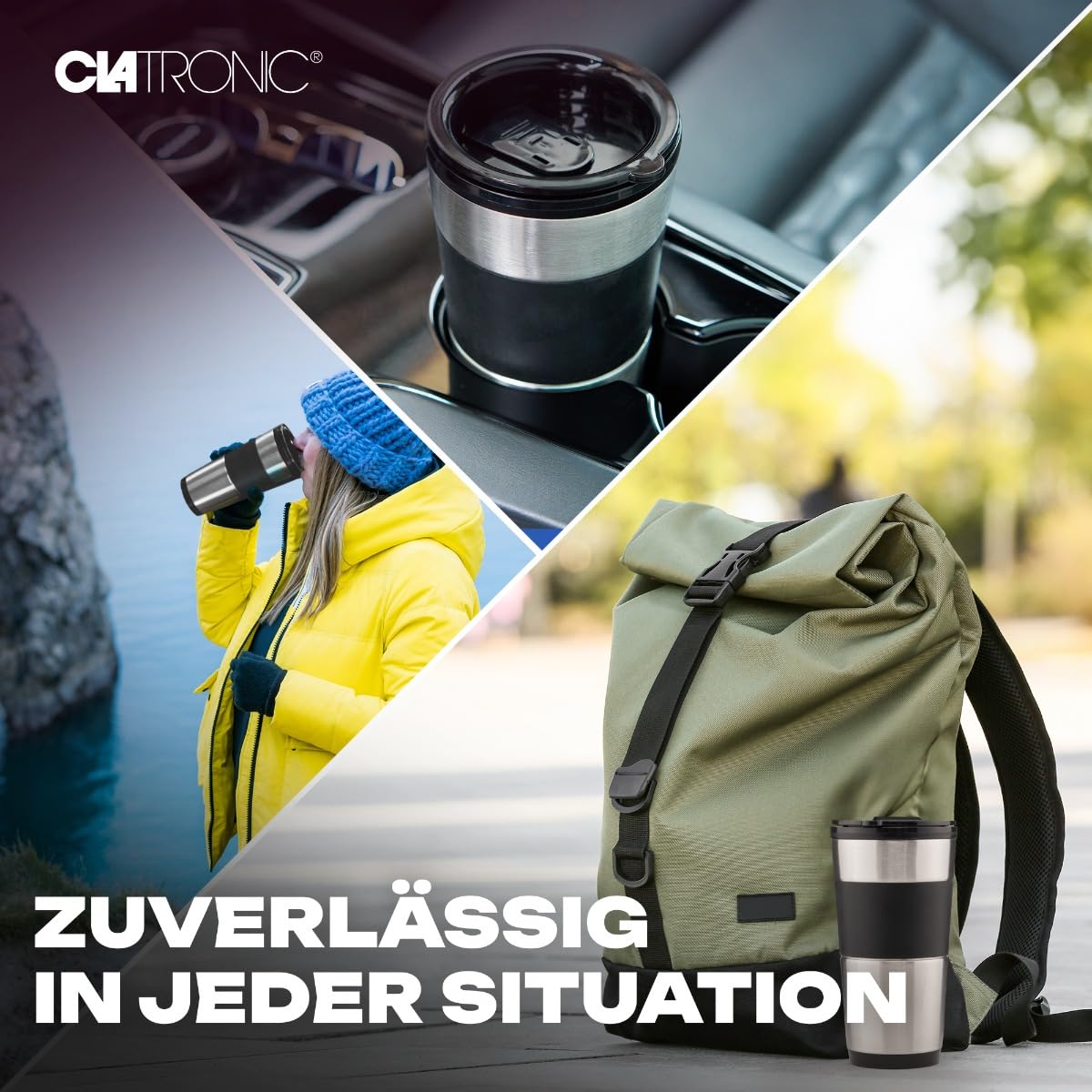 Clatronic Kaffeemaschine | Kaffee To Go Becher 400 ml | für alle gängigen Getränkehalter (z.B. Auto) | Filterkaffeemaschine | Permanent-Nylon-Filter | Edelstahlbecher mit Aromadeckel | KA 3733