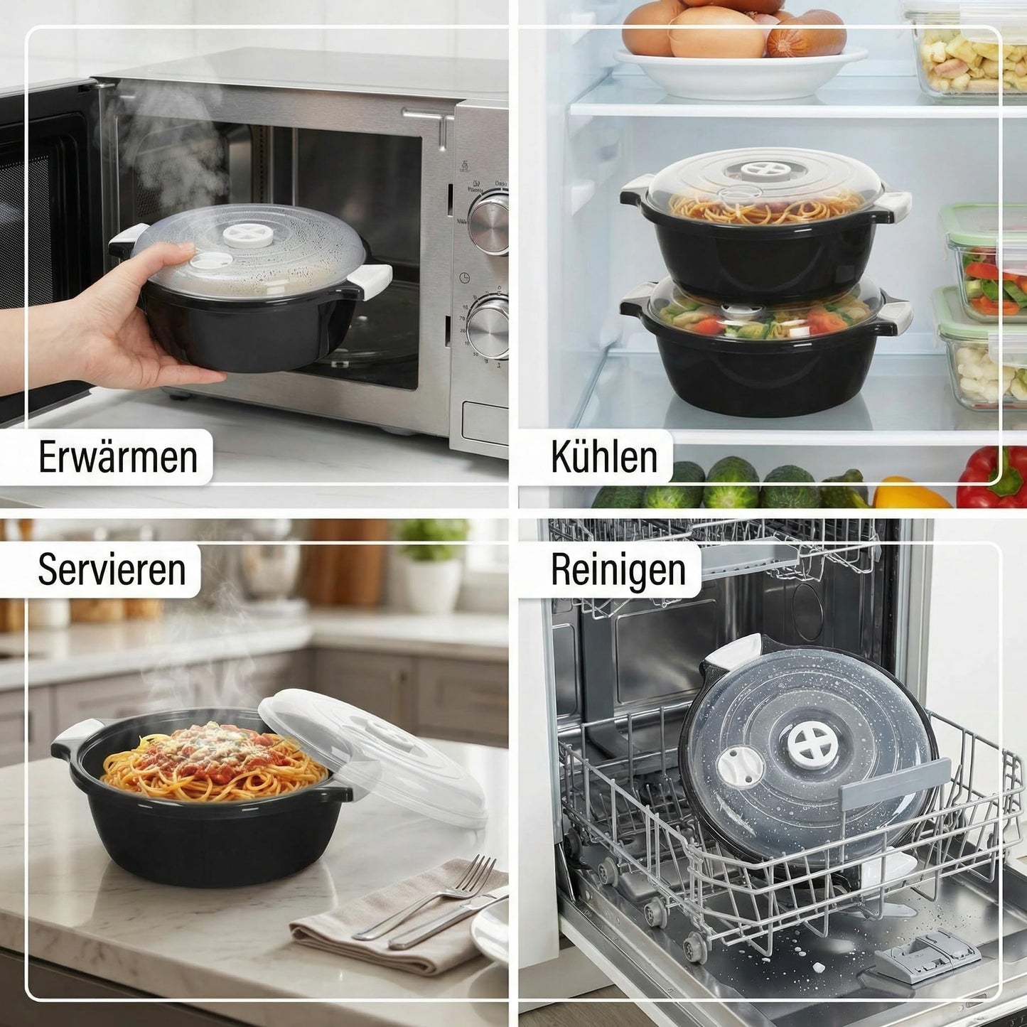 Lantelme 2 Stück Mikrowellenschüssel im Set mit 1,8 Liter mit Dampfventil in Deutschland hergestellt stapelbar spülmaschinengeeignet Kunststoff Schüssel für Mikrowelle Kühl- Gefrierschrank (Schwarz)
