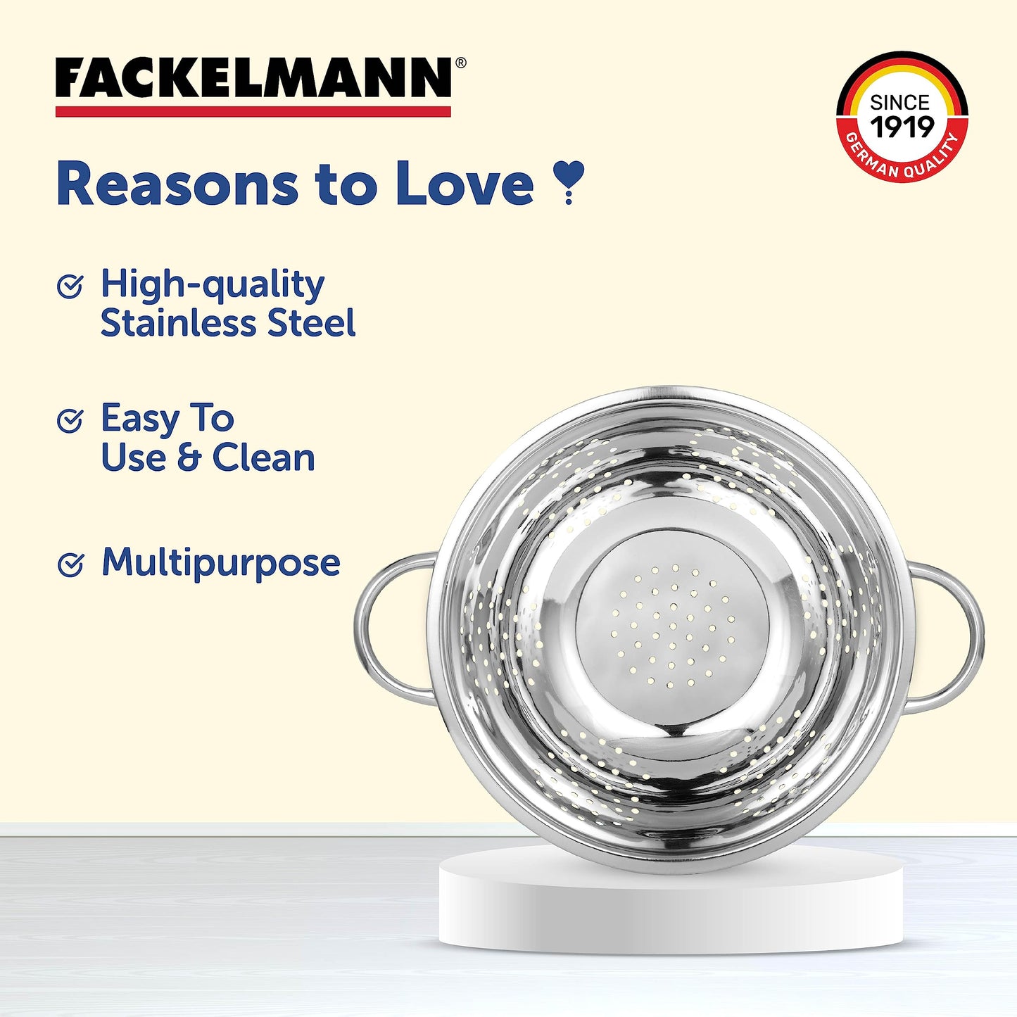 Fackelmann Sieb Ø 24 cm aus Edelstahl, zum Abseihen von Pasta & Gemüse