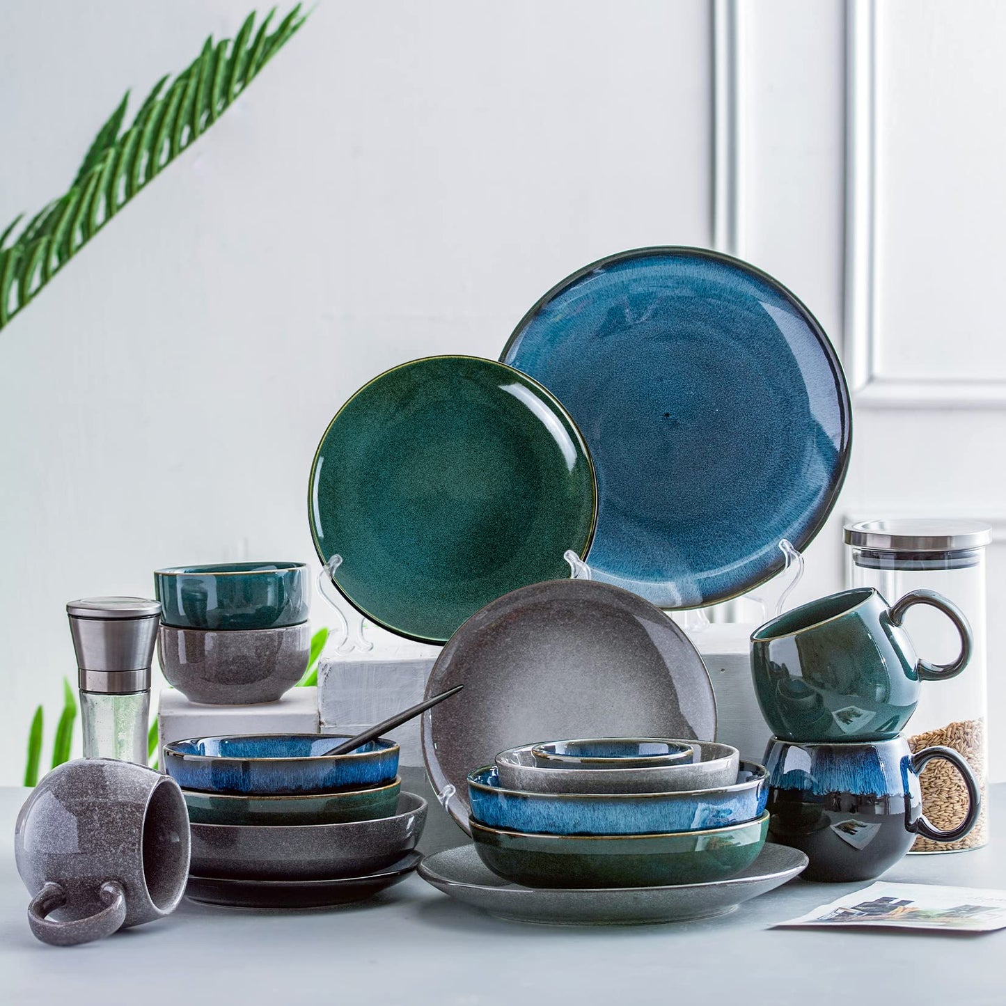 UNICASA Salatschüssel aus Porzellan, 20com 4er-set Salatschalen, Porzellan Müslischale Dessertschalen Obstschalen für 4 Personen, Grün