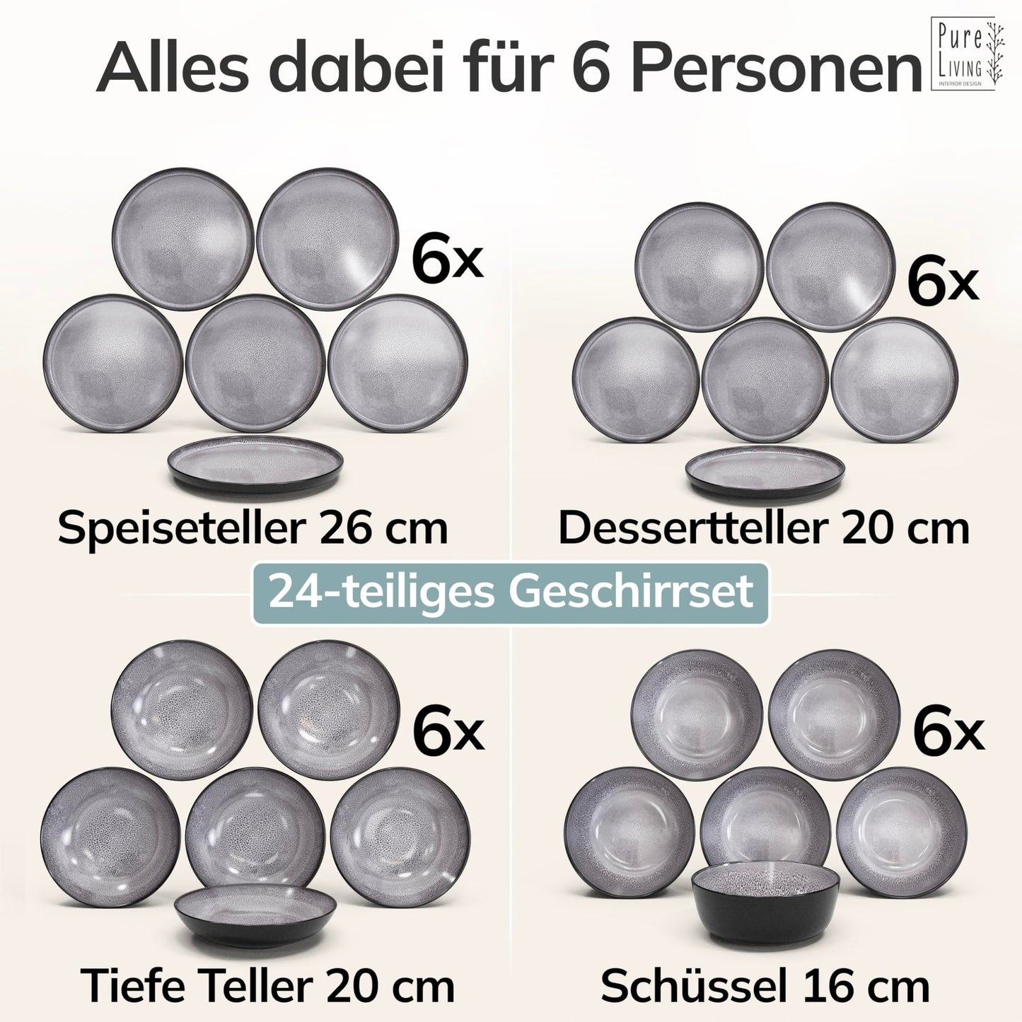 Steingut Geschirrset 6 Personen Ibiza 24 tlg. TESTSIEGER, Traumhaftes Mediterranes Steingut Geschirr Set, Schüssel- und Teller Set, Tafelservice 6 Personen, Geschirrsets Pure Living in Grau