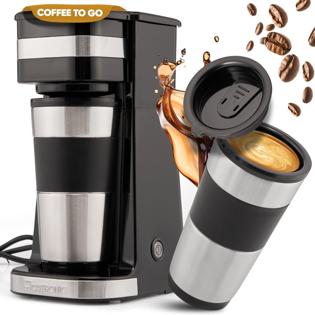 Clatronic Kaffeemaschine | Kaffee To Go Becher 400 ml | für alle gängigen Getränkehalter (z.B. Auto) | Filterkaffeemaschine | Permanent-Nylon-Filter | Edelstahlbecher mit Aromadeckel | KA 3733
