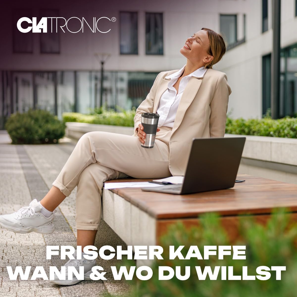 Clatronic Kaffeemaschine | Kaffee To Go Becher 400 ml | für alle gängigen Getränkehalter (z.B. Auto) | Filterkaffeemaschine | Permanent-Nylon-Filter | Edelstahlbecher mit Aromadeckel | KA 3733