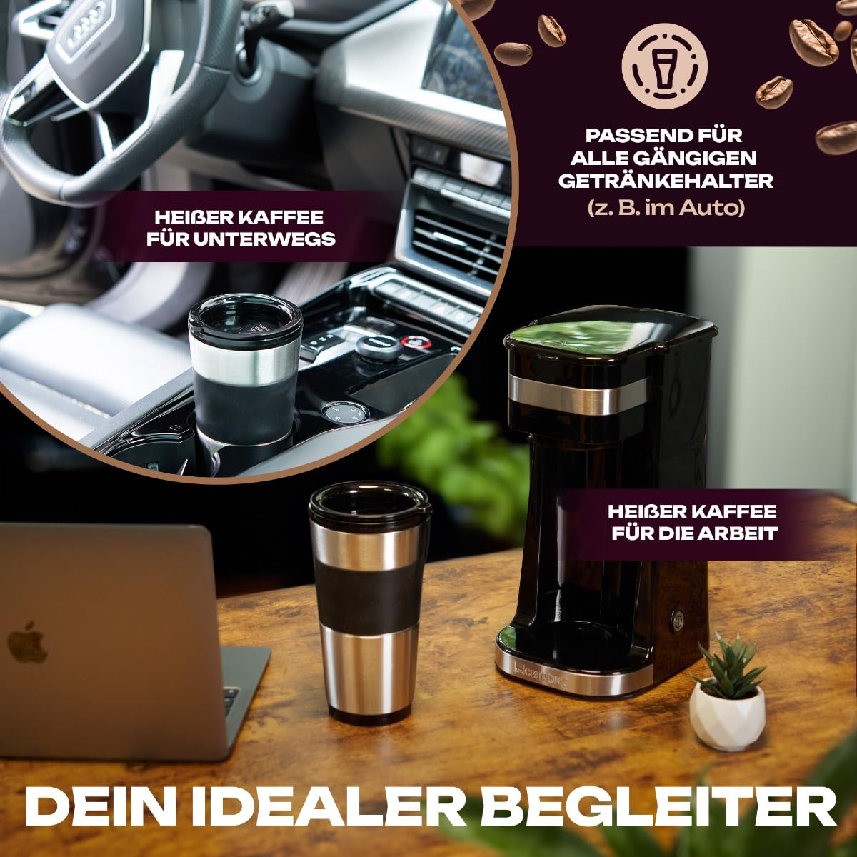 Clatronic Kaffeemaschine | Kaffee To Go Becher 400 ml | für alle gängigen Getränkehalter (z.B. Auto) | Filterkaffeemaschine | Permanent-Nylon-Filter | Edelstahlbecher mit Aromadeckel | KA 3733
