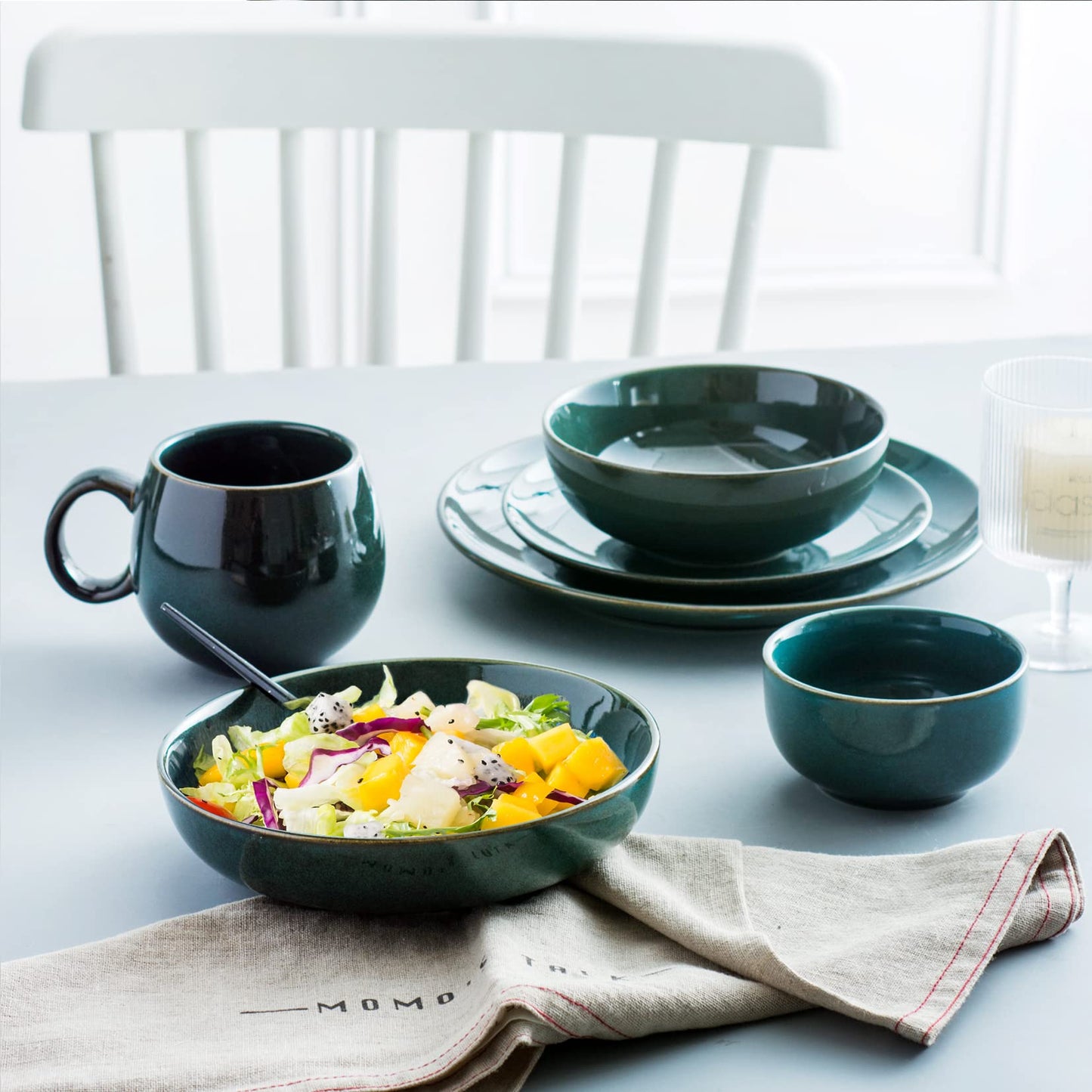 UNICASA Salatschüssel aus Porzellan, 20com 4er-set Salatschalen, Porzellan Müslischale Dessertschalen Obstschalen für 4 Personen, Grün