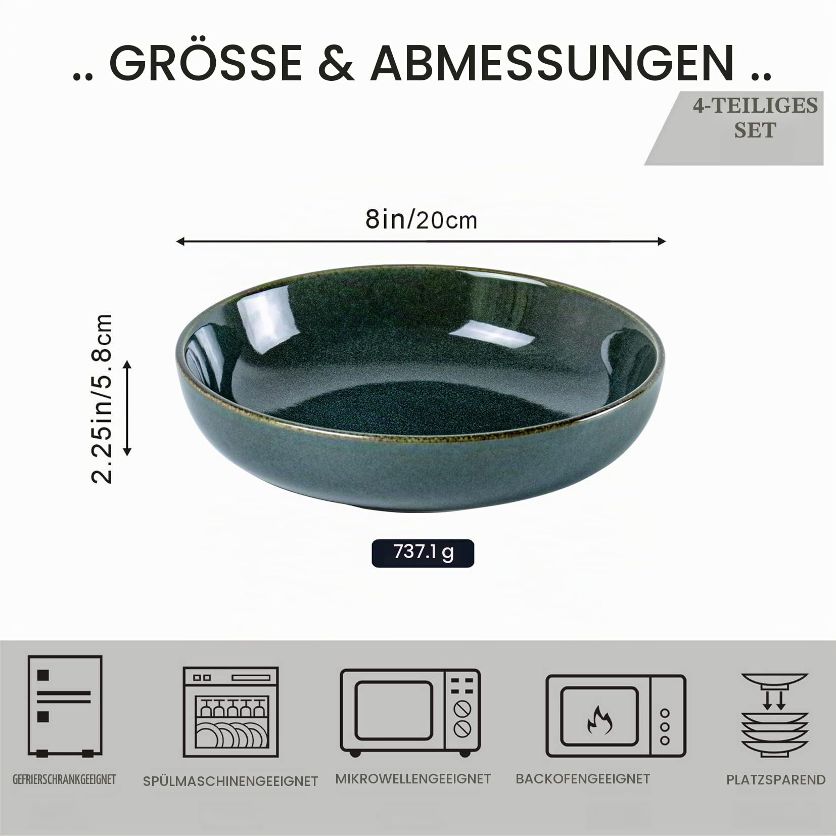 UNICASA Salatschüssel aus Porzellan, 20com 4er-set Salatschalen, Porzellan Müslischale Dessertschalen Obstschalen für 4 Personen, Grün