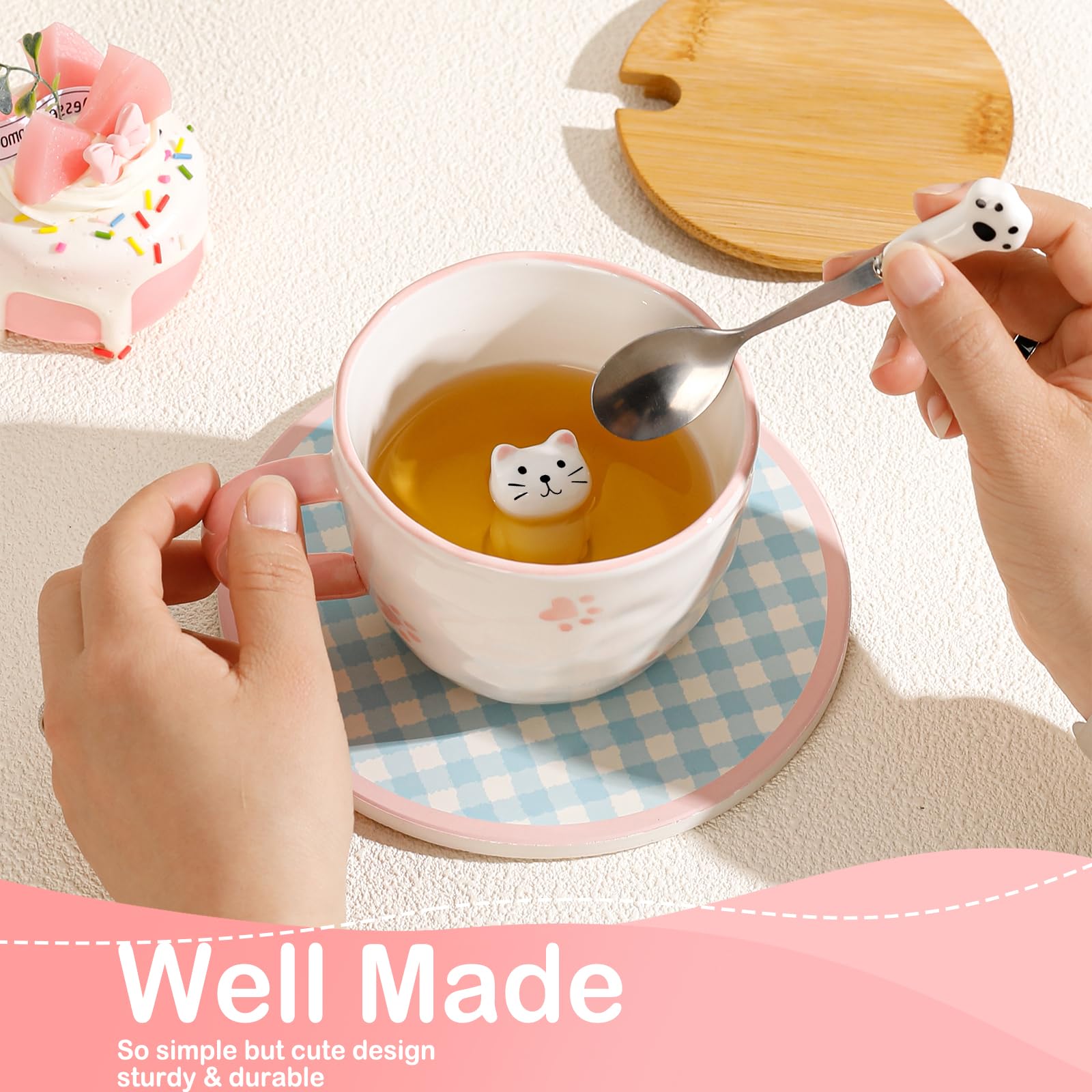 BigNoseDeer Süße Sachen Keramik Katze Kaffeetasse Teetasse Deckel Löffel Lustige Tassen Geschenke für Frauen Kaffeebecher 3D Tasse Personalisiert Cappuccino Tasse Beste Freundin Weihnachten Geschenk