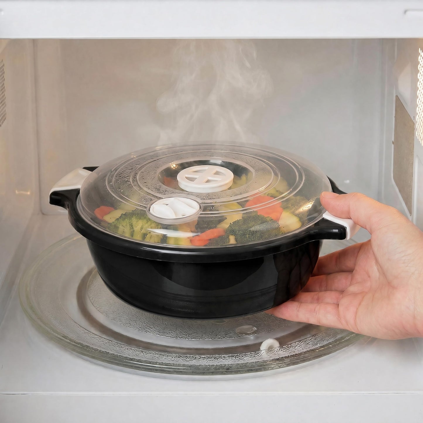 Lantelme 2 Stück Mikrowellenschüssel im Set mit 1,8 Liter mit Dampfventil in Deutschland hergestellt stapelbar spülmaschinengeeignet Kunststoff Schüssel für Mikrowelle Kühl- Gefrierschrank (Schwarz)