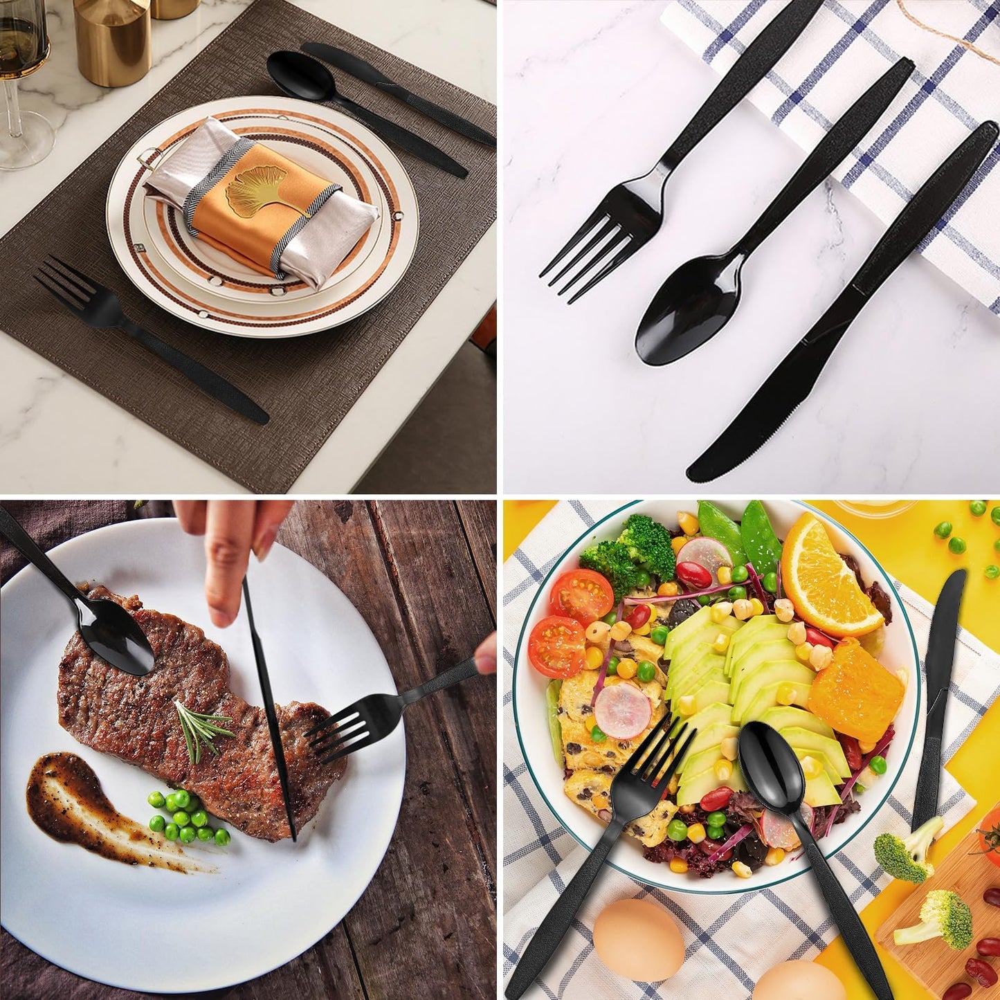 110 Stück Plastikbesteck Schwarz Set, Enthalten Plastikgabeln, Plastiklöffel, Plastik Messer, Party Besteck Plastik für Familienfeiern, Outdoor Dinner, wiederverwendbar Geschirr