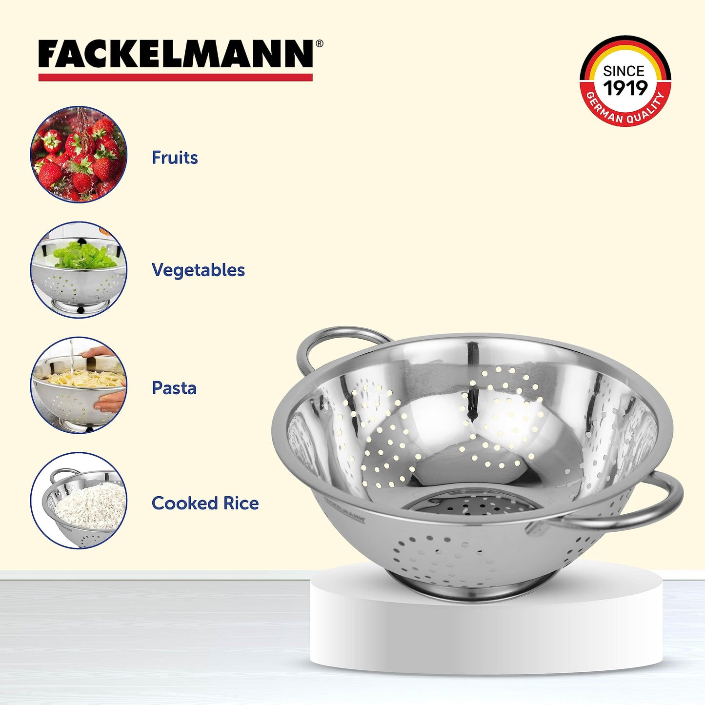 Fackelmann Sieb Ø 24 cm aus Edelstahl, zum Abseihen von Pasta & Gemüse