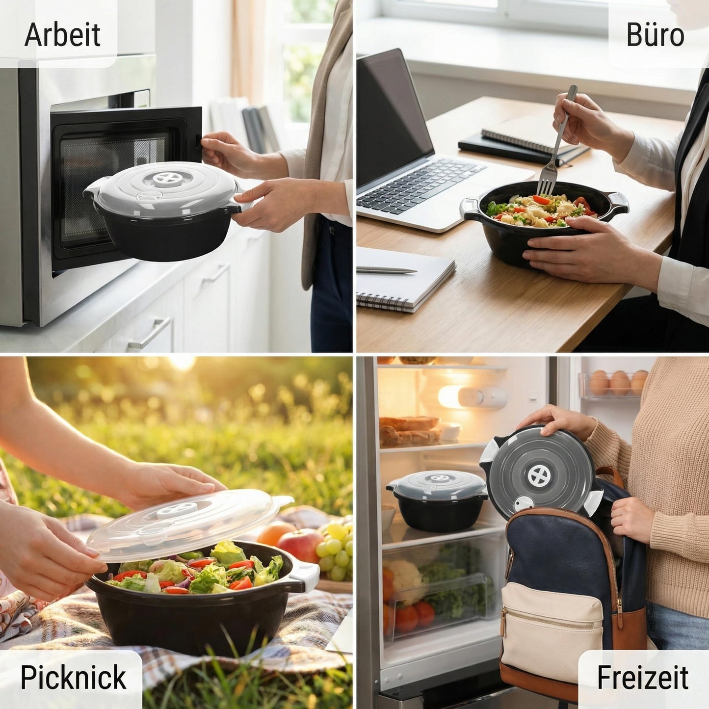 Lantelme 2 Stück Mikrowellenschüssel im Set mit 1,8 Liter mit Dampfventil in Deutschland hergestellt stapelbar spülmaschinengeeignet Kunststoff Schüssel für Mikrowelle Kühl- Gefrierschrank (Schwarz)