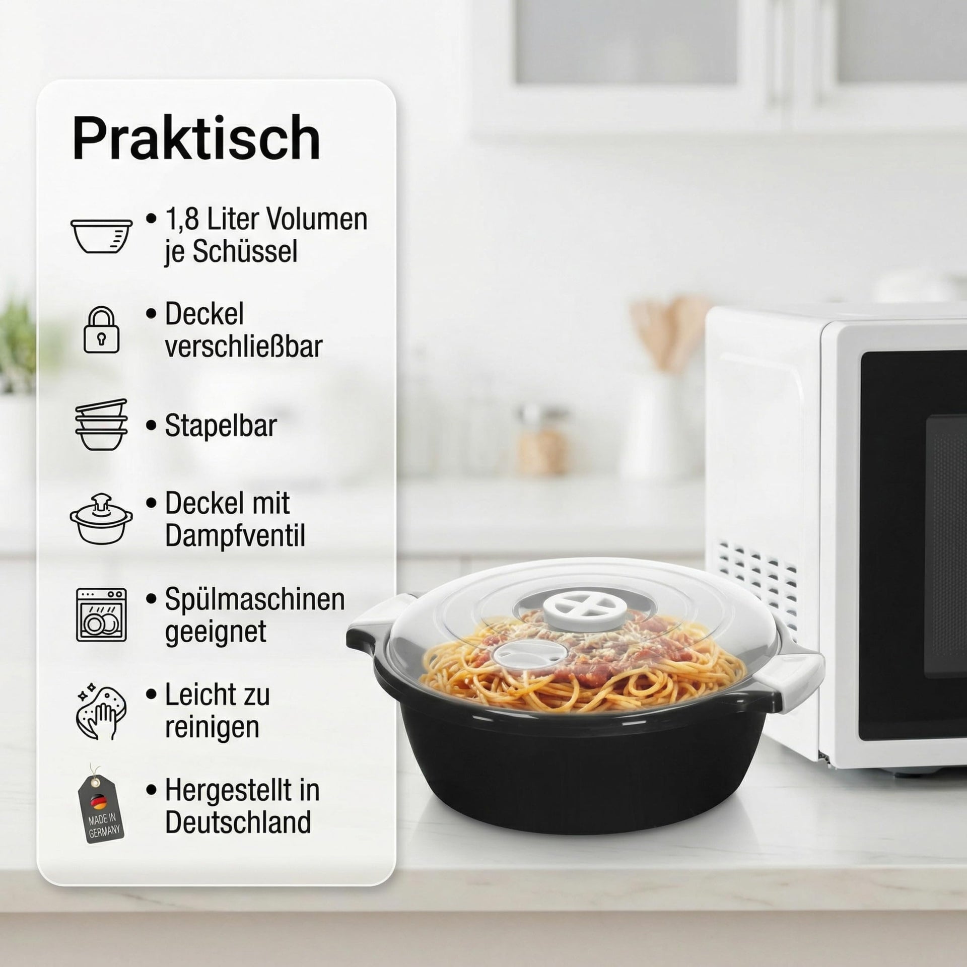 Lantelme 2 Stück Mikrowellenschüssel im Set mit 1,8 Liter mit Dampfventil in Deutschland hergestellt stapelbar spülmaschinengeeignet Kunststoff Schüssel für Mikrowelle Kühl- Gefrierschrank (Schwarz)