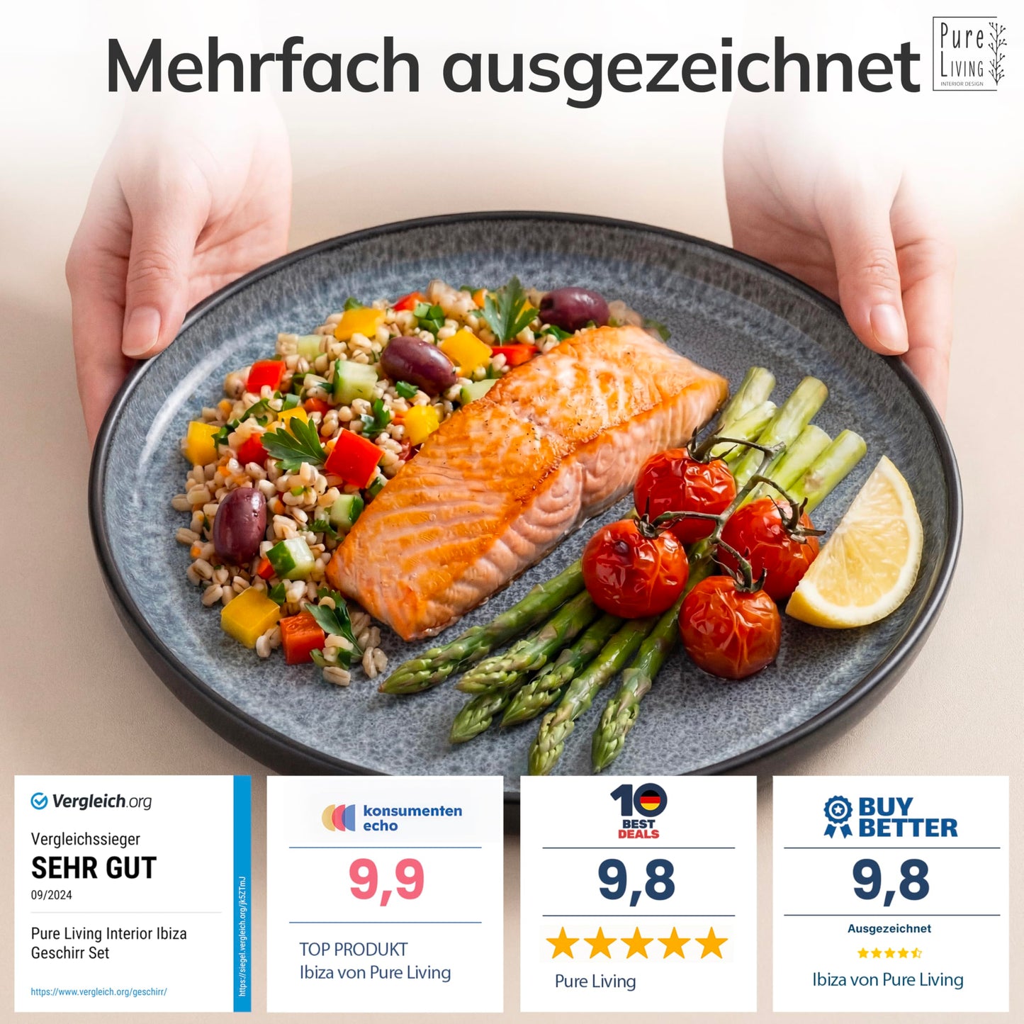 Steingut Geschirrset 6 Personen Ibiza 24 tlg. TESTSIEGER, Traumhaftes Mediterranes Steingut Geschirr Set, Schüssel- und Teller Set, Tafelservice 6 Personen, Geschirrsets Pure Living in Grau