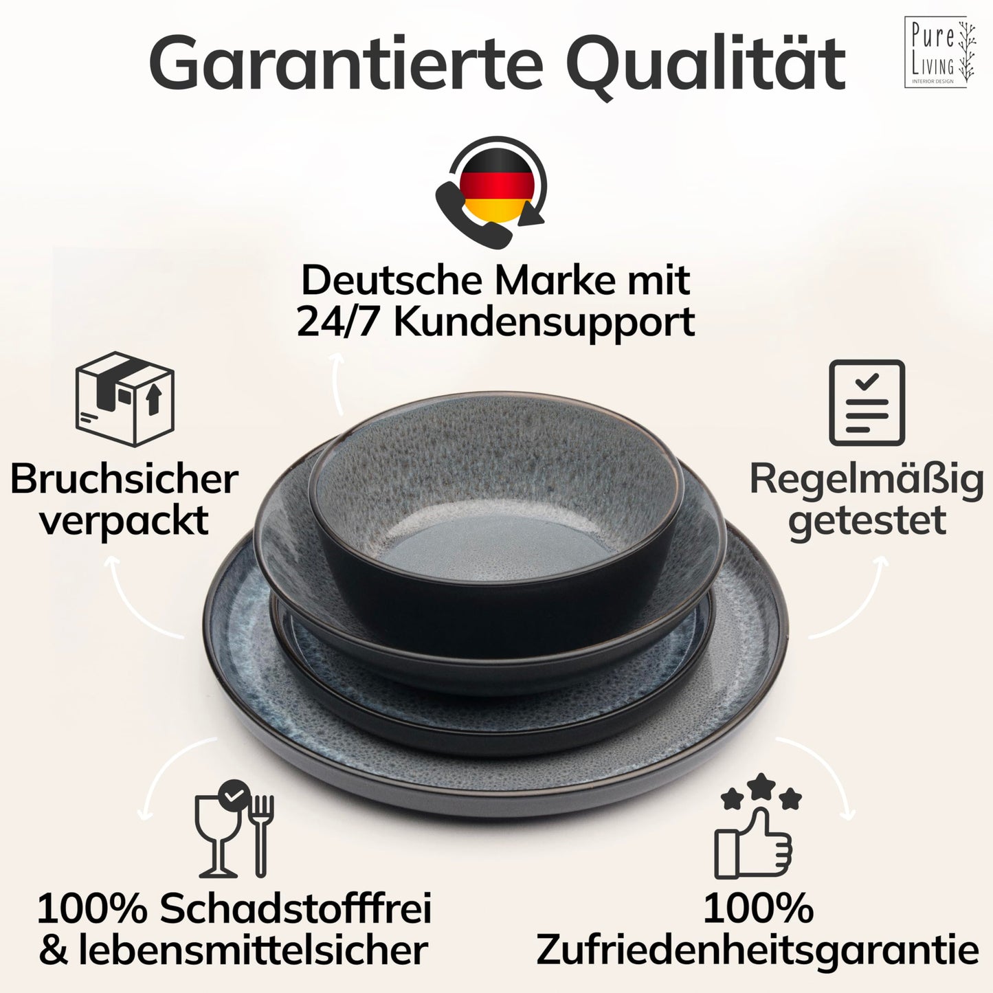 Steingut Geschirrset 6 Personen Ibiza 24 tlg. TESTSIEGER, Traumhaftes Mediterranes Steingut Geschirr Set, Schüssel- und Teller Set, Tafelservice 6 Personen, Geschirrsets Pure Living in Grau