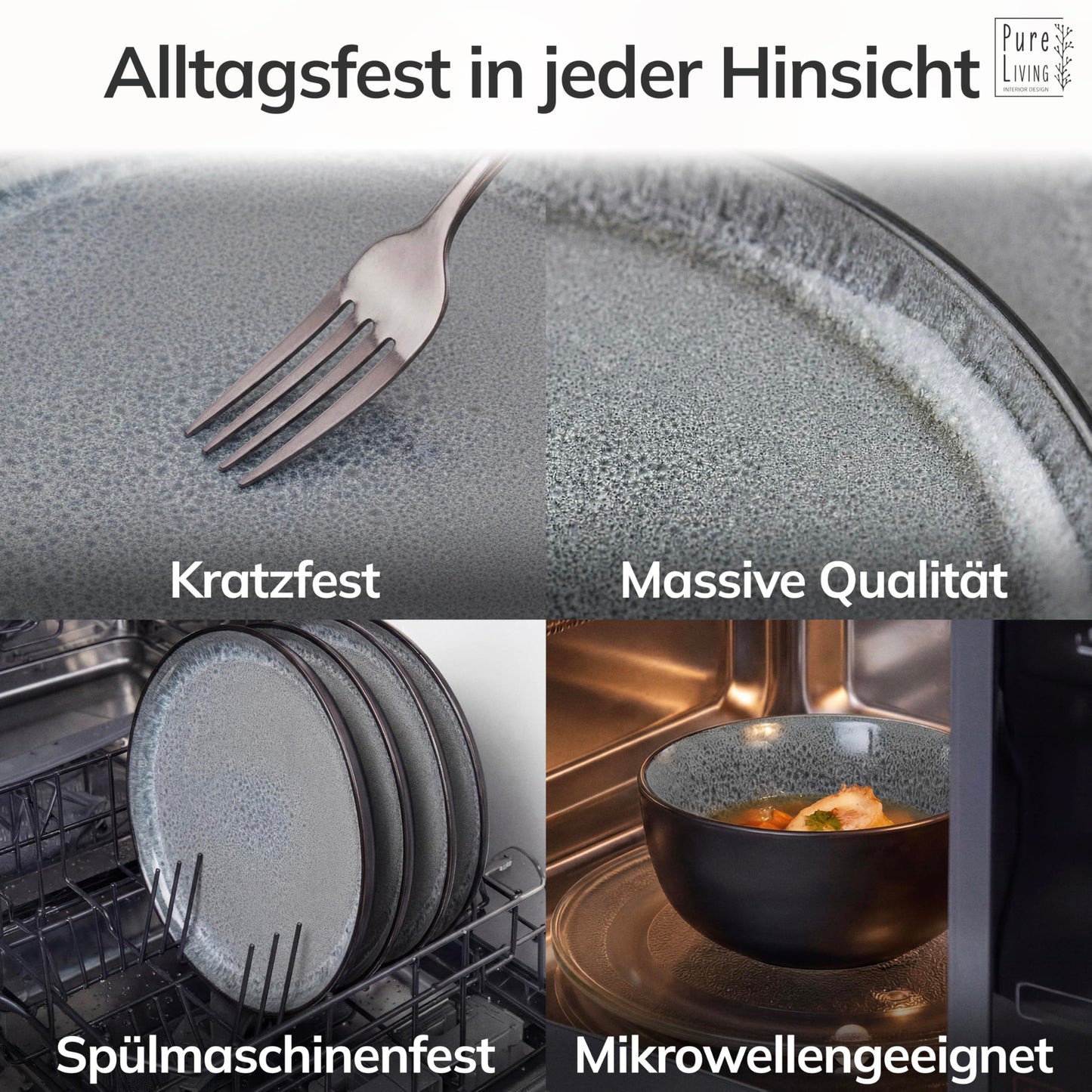 Steingut Geschirrset 6 Personen Ibiza 24 tlg. TESTSIEGER, Traumhaftes Mediterranes Steingut Geschirr Set, Schüssel- und Teller Set, Tafelservice 6 Personen, Geschirrsets Pure Living in Grau