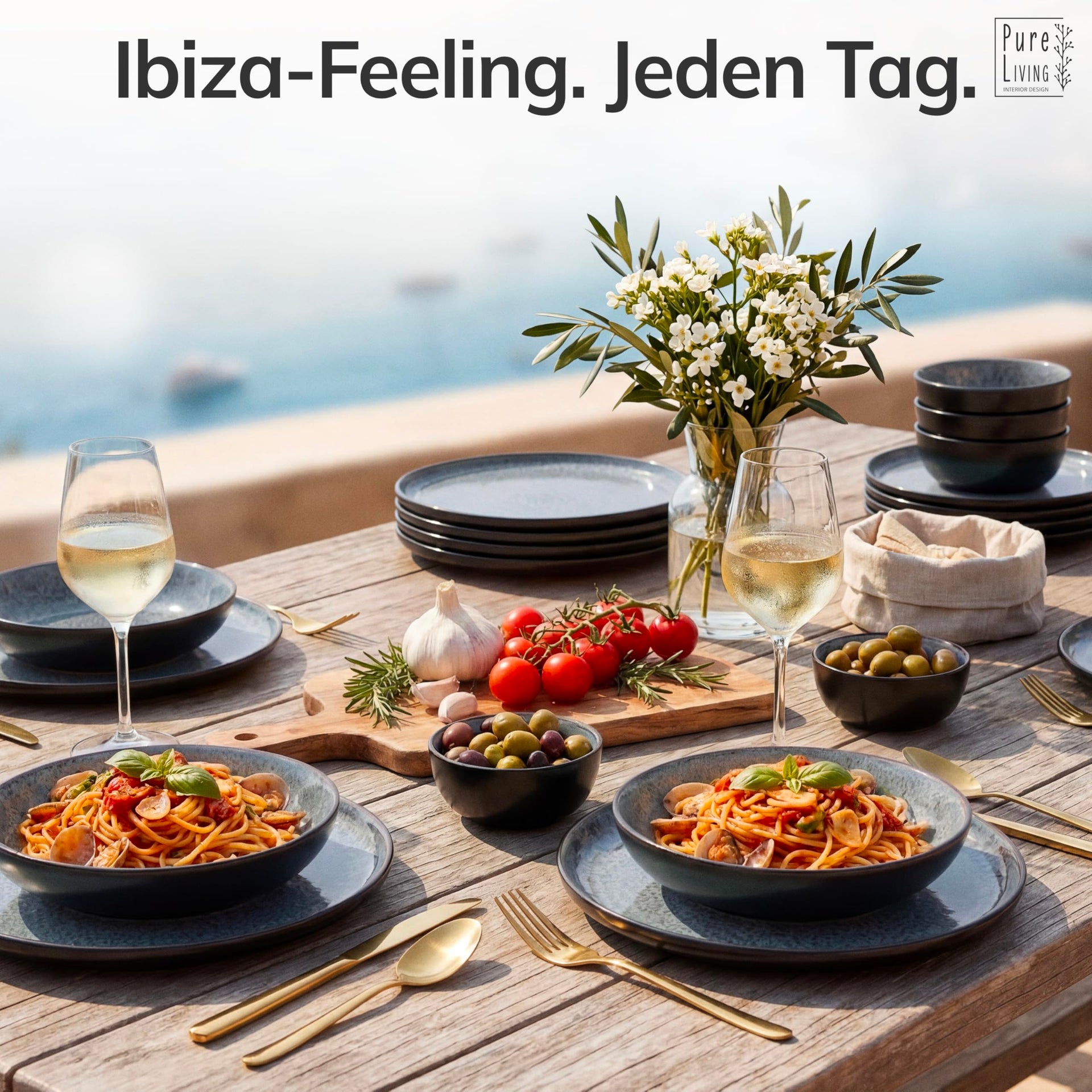 Steingut Geschirrset 6 Personen Ibiza 24 tlg. TESTSIEGER, Traumhaftes Mediterranes Steingut Geschirr Set, Schüssel- und Teller Set, Tafelservice 6 Personen, Geschirrsets Pure Living in Grau